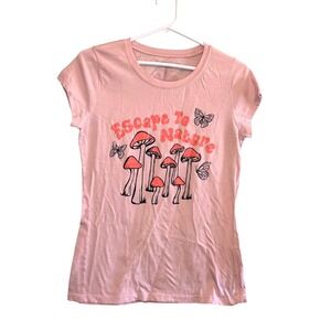 Wound Up Womens Escape Nature Mushroom Casual Crew Neck T-Shirt Pink Large